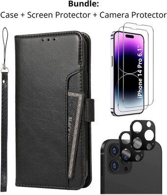 SaharaCase iPhone 14 Pro 6.1 Bundle, Folio Wallet Case with Tempered Glass Screen and Camera Protector, Black