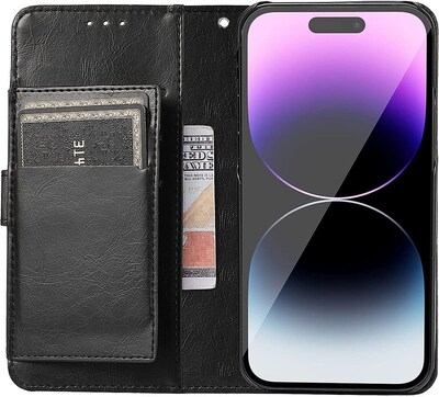SaharaCase iPhone 14 Pro 6.1" Bundle, Folio Wallet Case with Tempered Glass Screen and Camera Protector, Black