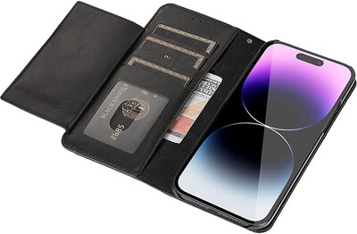 SaharaCase iPhone 14 Pro 6.1" Bundle, Folio Wallet Case with Tempered Glass Screen and Camera Protector, Black