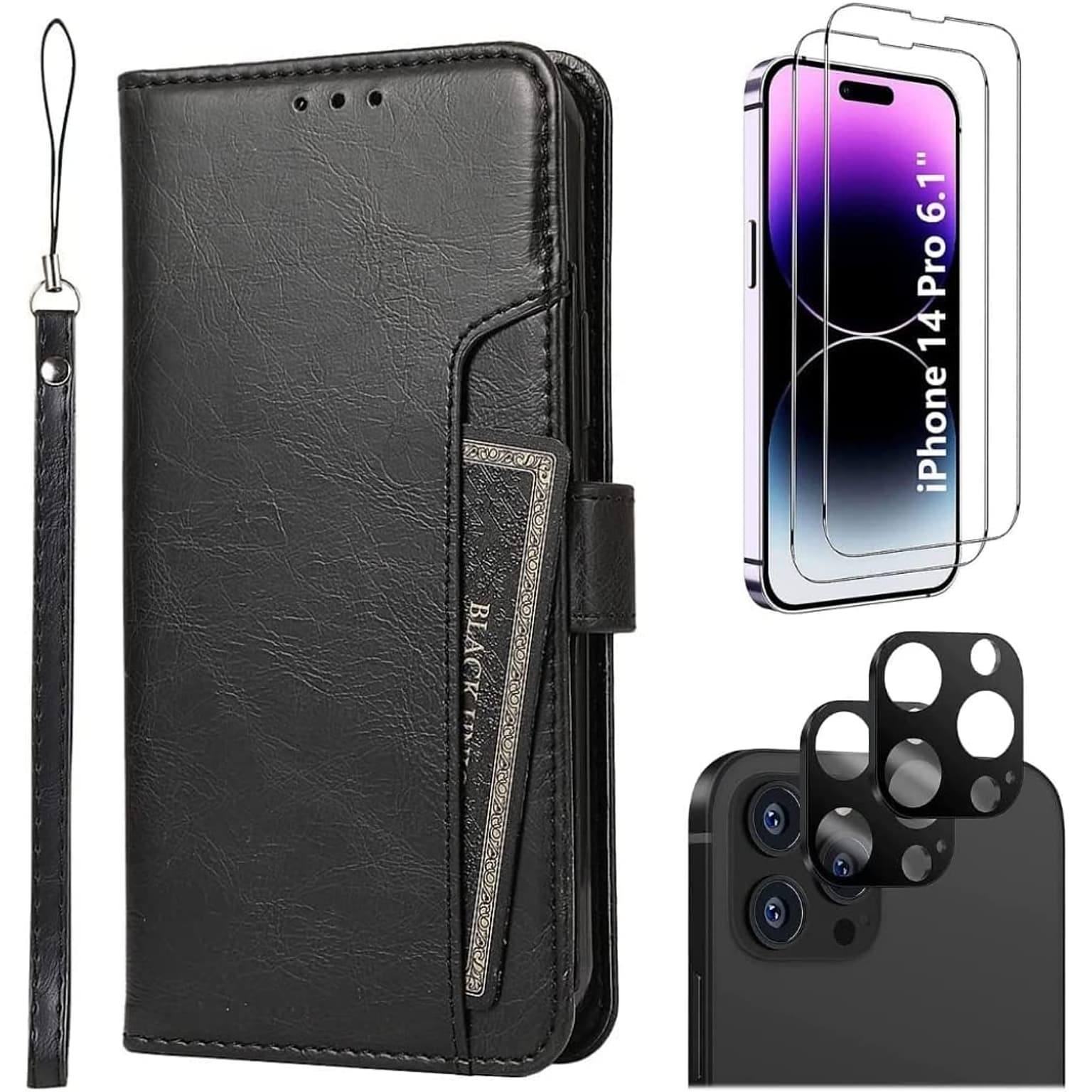 SaharaCase iPhone 14 Pro 6.1 Bundle, Folio Wallet Case with Tempered Glass Screen and Camera Protector, Black