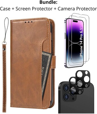 SaharaCase iPhone 14 Pro 6.1 Bundle, Folio Wallet Case with Tempered Glass Screen and Camera Protector, Brown