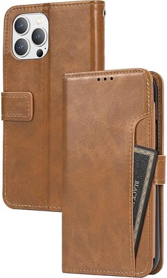 SaharaCase iPhone 14 Pro 6.1" Bundle, Folio Wallet Case with Tempered Glass Screen and Camera Protector, Brown
