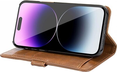 SaharaCase iPhone 14 Pro 6.1" Bundle, Folio Wallet Case with Tempered Glass Screen and Camera Protector, Brown