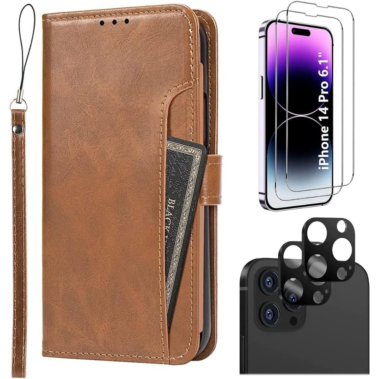 SaharaCase iPhone 14 Pro 6.1 Bundle, Folio Wallet Case with Tempered Glass Screen and Camera Protector, Brown