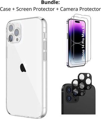 SaharaCase iPhone 14 Pro Max 6.7 Bundle, Hybrid-Flex Hard Shell Case with Tempered Glass Screen and Camera Protector, Clear