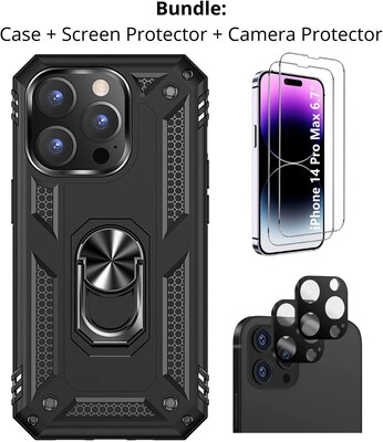 SaharaCase iPhone 14 Pro Max 6.7 Bundle, Military Kickstand Case with Tempered Glass Screen and Camera Protector, Black