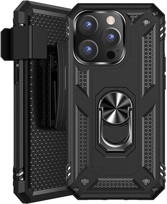 SaharaCase iPhone 14 Pro Max 6.7" Bundle, Military Kickstand Case with Tempered Glass Screen and Camera Protector, Black