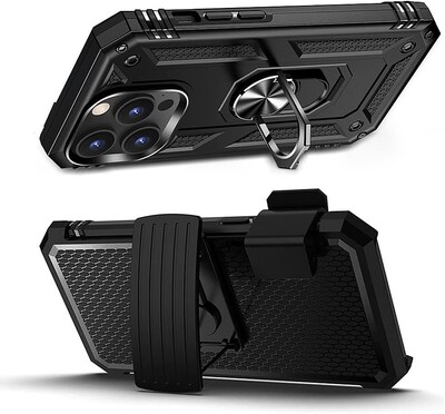 SaharaCase iPhone 14 Pro Max 6.7" Bundle, Military Kickstand Case with Tempered Glass Screen and Camera Protector, Black