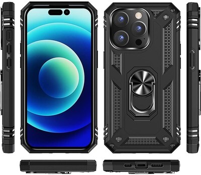 SaharaCase iPhone 14 Pro Max 6.7" Bundle, Military Kickstand Case with Tempered Glass Screen and Camera Protector, Black