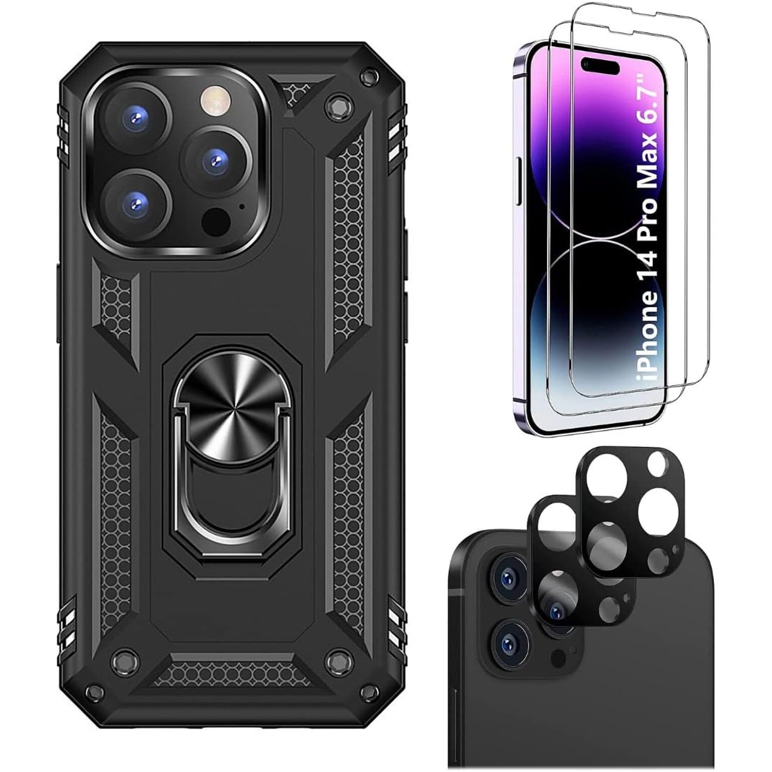 SaharaCase iPhone 14 Pro Max 6.7 Bundle, Military Kickstand Case with Tempered Glass Screen and Camera Protector, Black