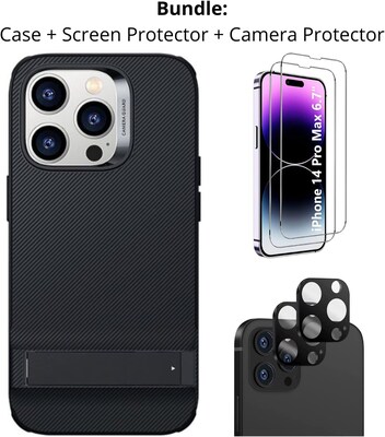 SaharaCase iPhone 14 Pro Max 6.7 Bundle, AirShield Kickstand Case with Tempered Glass Screen and Camera Protector, Black