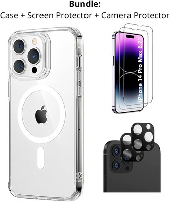 SaharaCase iPhone 14 Pro Max 6.7 Bundle, Hybrid-Flex Hard Shell Case with Tempered Glass Screen and Camera Protector, Clear