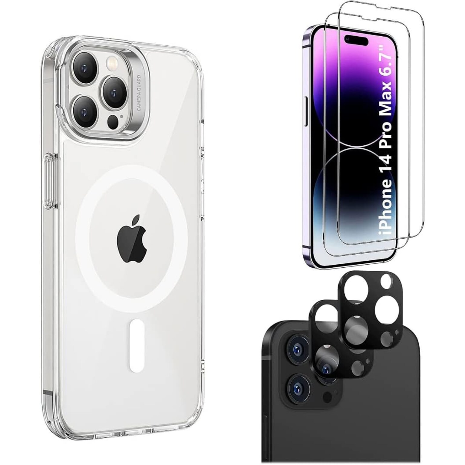 SaharaCase iPhone 14 Pro Max Bundle, Hybrid-Flex Kickstand Case with Tempered Glass Screen and Camera Protector, Clear