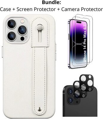 SaharaCase iPhone 14 Pro Max 6.7 Bundle, FingerGrip Series Case with Tempered Glass Screen and Camera Protector, White