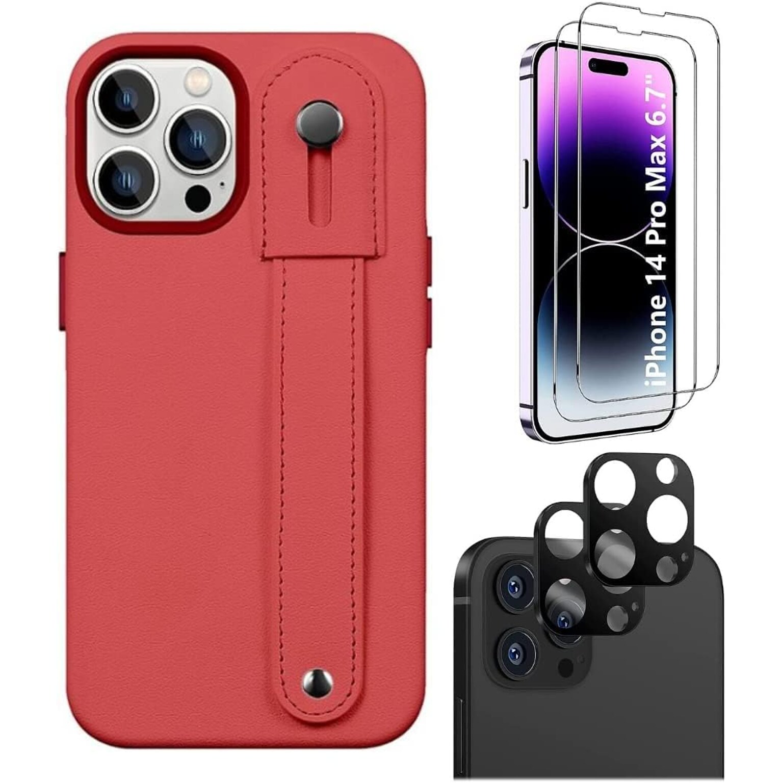 SaharaCase iPhone 14 Pro Max 6.7 Bundle, FingerGrip Series Case with Tempered Glass Screen and Camera Protector, Red