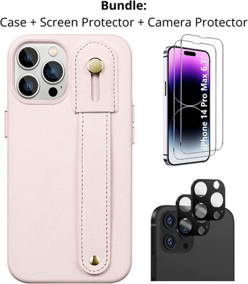 SaharaCase iPhone 14 Pro Max 6.7 Protection Bundle, FingerGrip Case with Tempered Glass Screen and Camera Protector, Light Pink