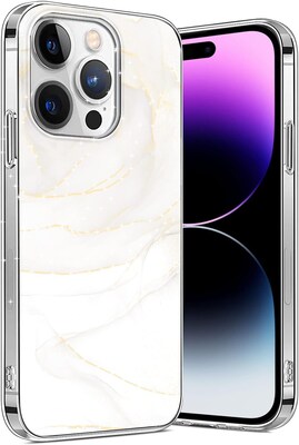 SaharaCase iPhone 14 Pro Max 6.7" Bundle, Marble Series Case with Tempered Glass Screen and Camera Protector, White