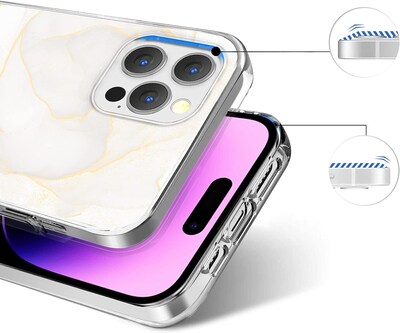 SaharaCase iPhone 14 Pro Max 6.7" Bundle, Marble Series Case with Tempered Glass Screen and Camera Protector, White