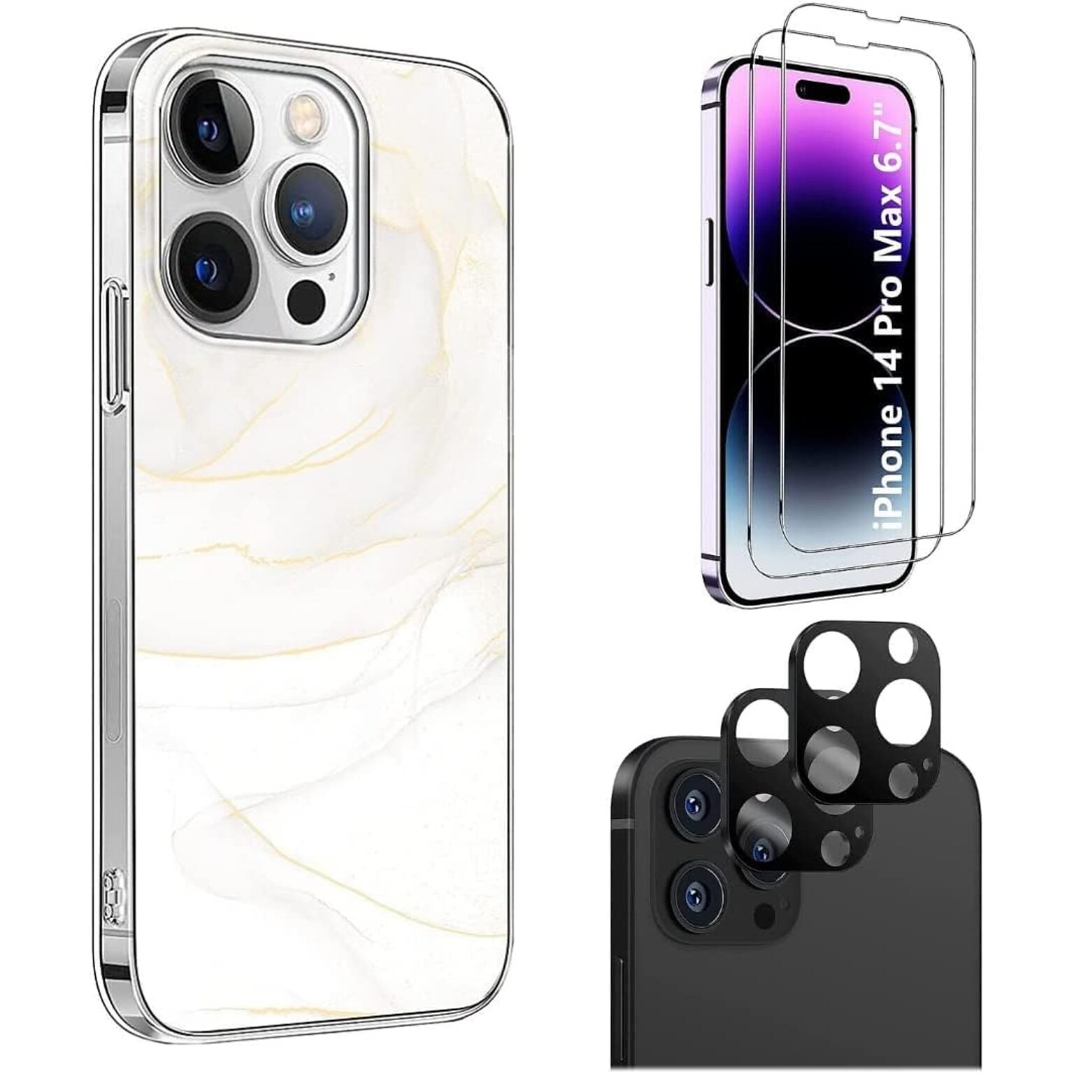 SaharaCase iPhone 14 Pro Max 6.7 Bundle, Marble Series Case with Tempered Glass Screen and Camera Protector, White