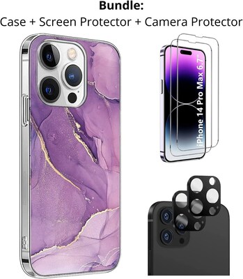 SaharaCase iPhone 14 Pro Max 6.7 Bundle, Marble Series Case with Tempered Glass Screen and Camera Protector, Purple