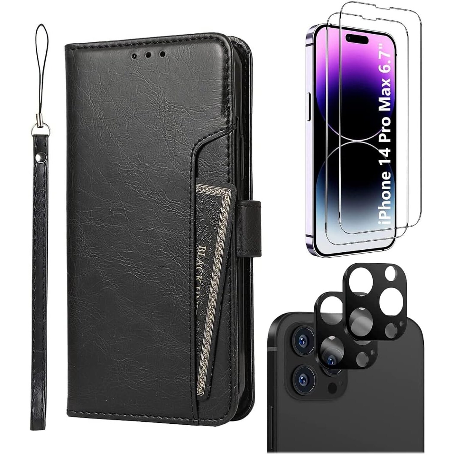 SaharaCase iPhone 14 Pro Max Bundle, Leather Folio Wallet Case with Tempered Glass Screen and Camera Protector, Black