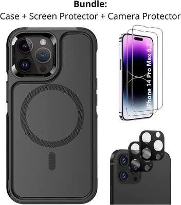 SaharaCase iPhone 14 Pro Max 6.7 Bundle, Armor Hard Shell Case with Tempered Glass Screen and Camera Protector, Black