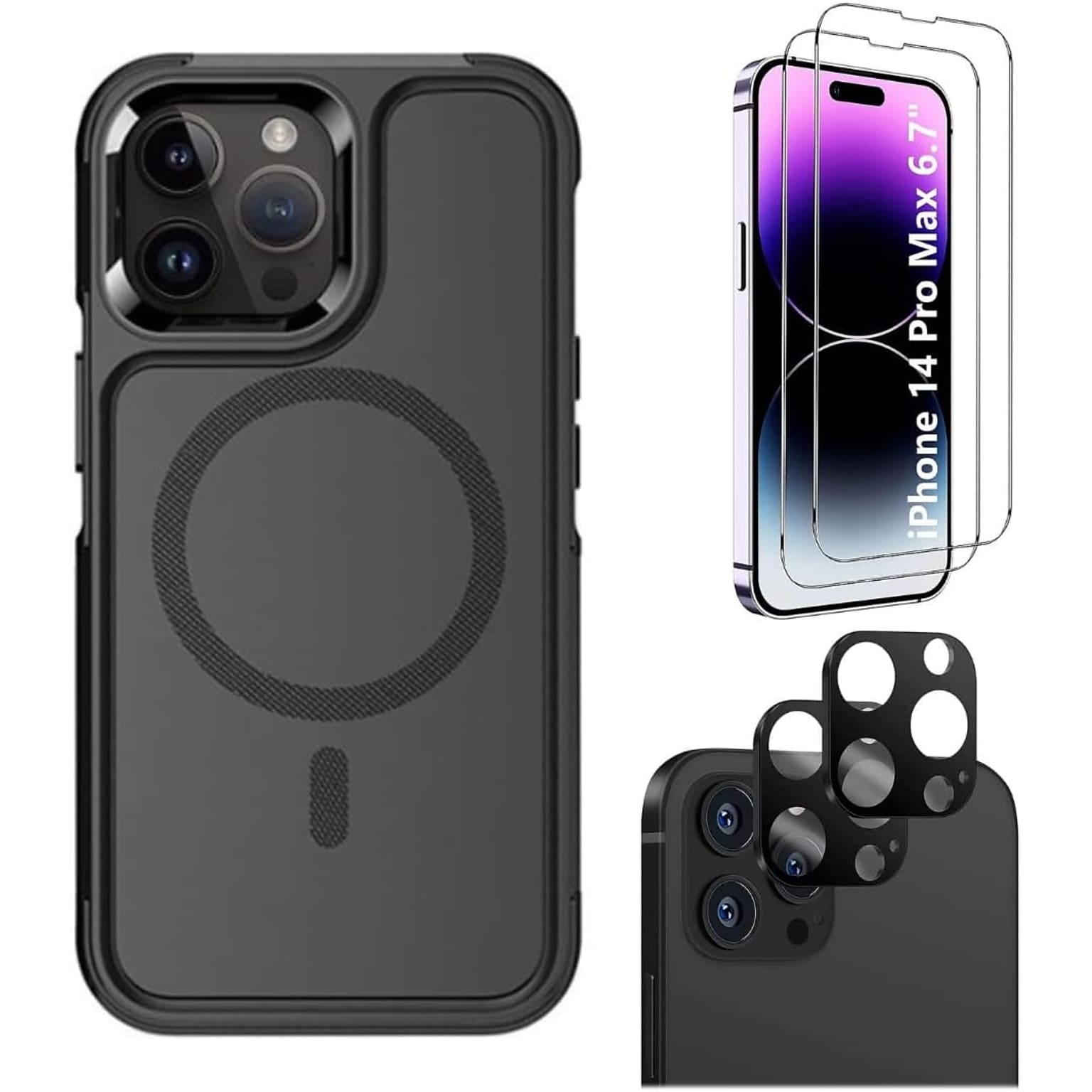 SaharaCase iPhone 14 Pro Max 6.7 Bundle, Armor Hard Shell Case with Tempered Glass Screen and Camera Protector, Black