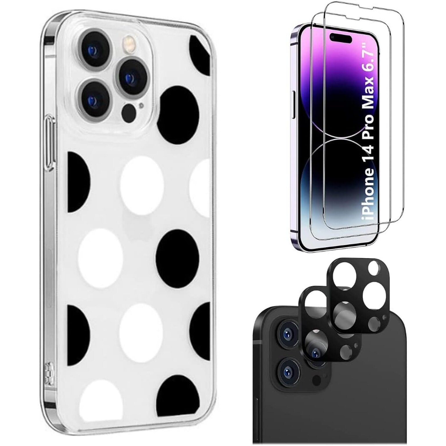 SaharaCase iPhone 14 Pro Max Bundle: Polkadot Hybrid-Flex Hard Shell Case, Tempered Glass Screen + Camera Protector, Multicolor