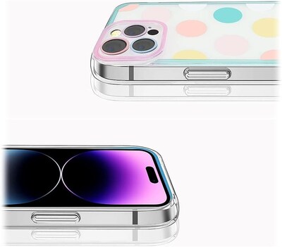 SaharaCase iPhone 14 Pro Max Bundle: Polkadot Hybrid-Flex Hard Shell Case, Tempered Glass Screen + Camera Protector, Multicolor