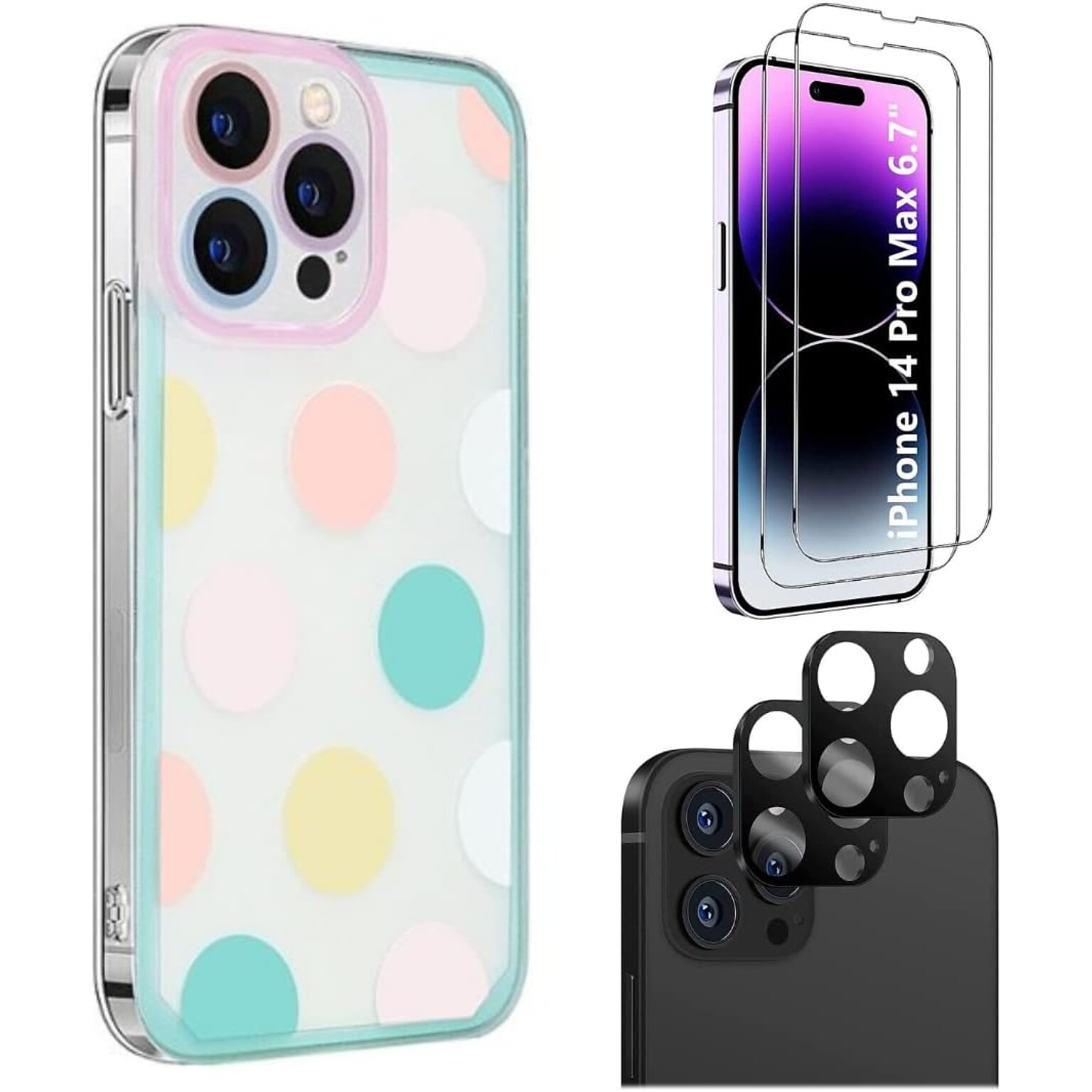 SaharaCase iPhone 14 Pro Max Bundle: Polkadot Hybrid-Flex Hard Shell Case, Tempered Glass Screen + Camera Protector, Multicolor