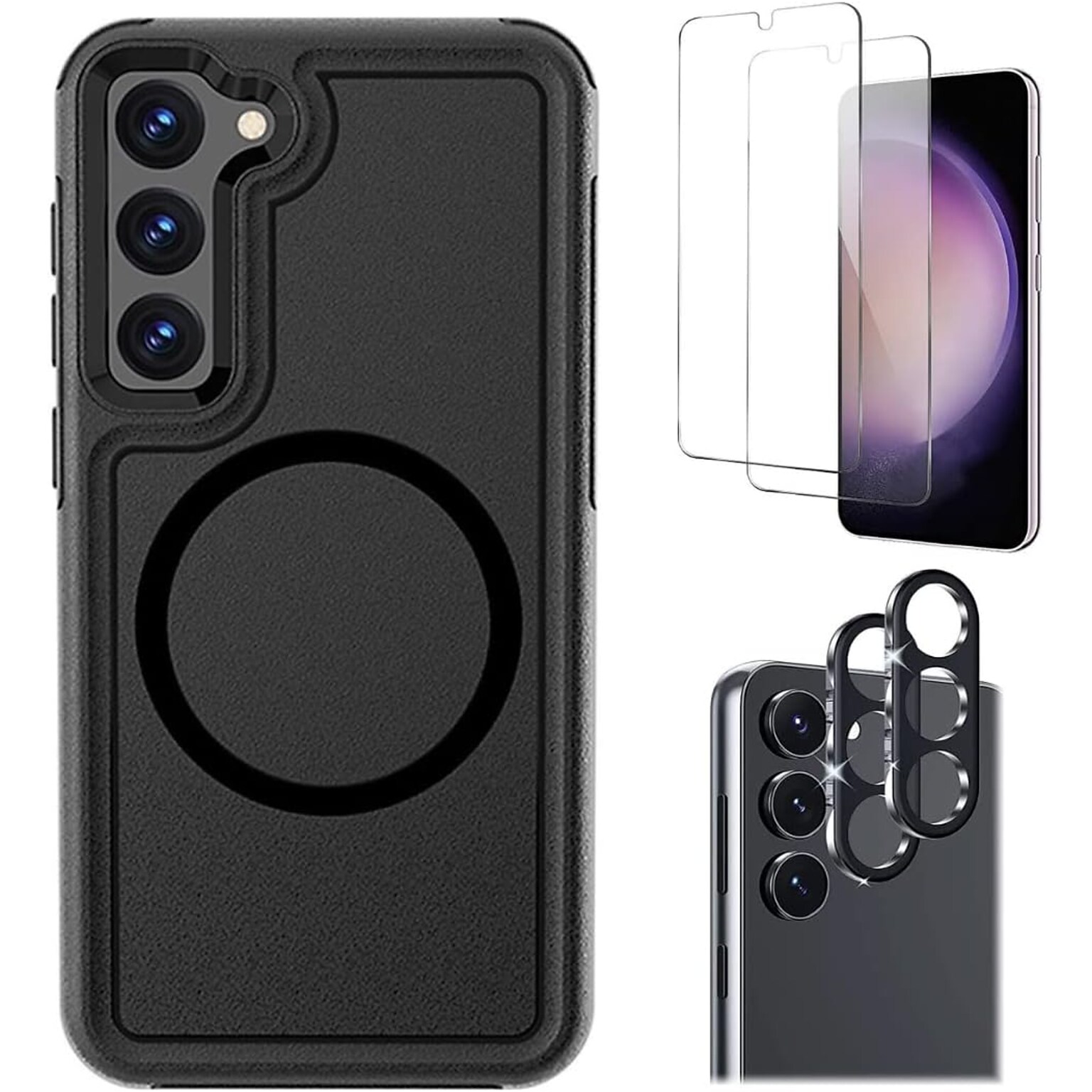 SaharaCase Samsung Galaxy S23 Bundle, Armor Series Hard Shell Case with Tempered Glass Screen and Camera Protector, Black