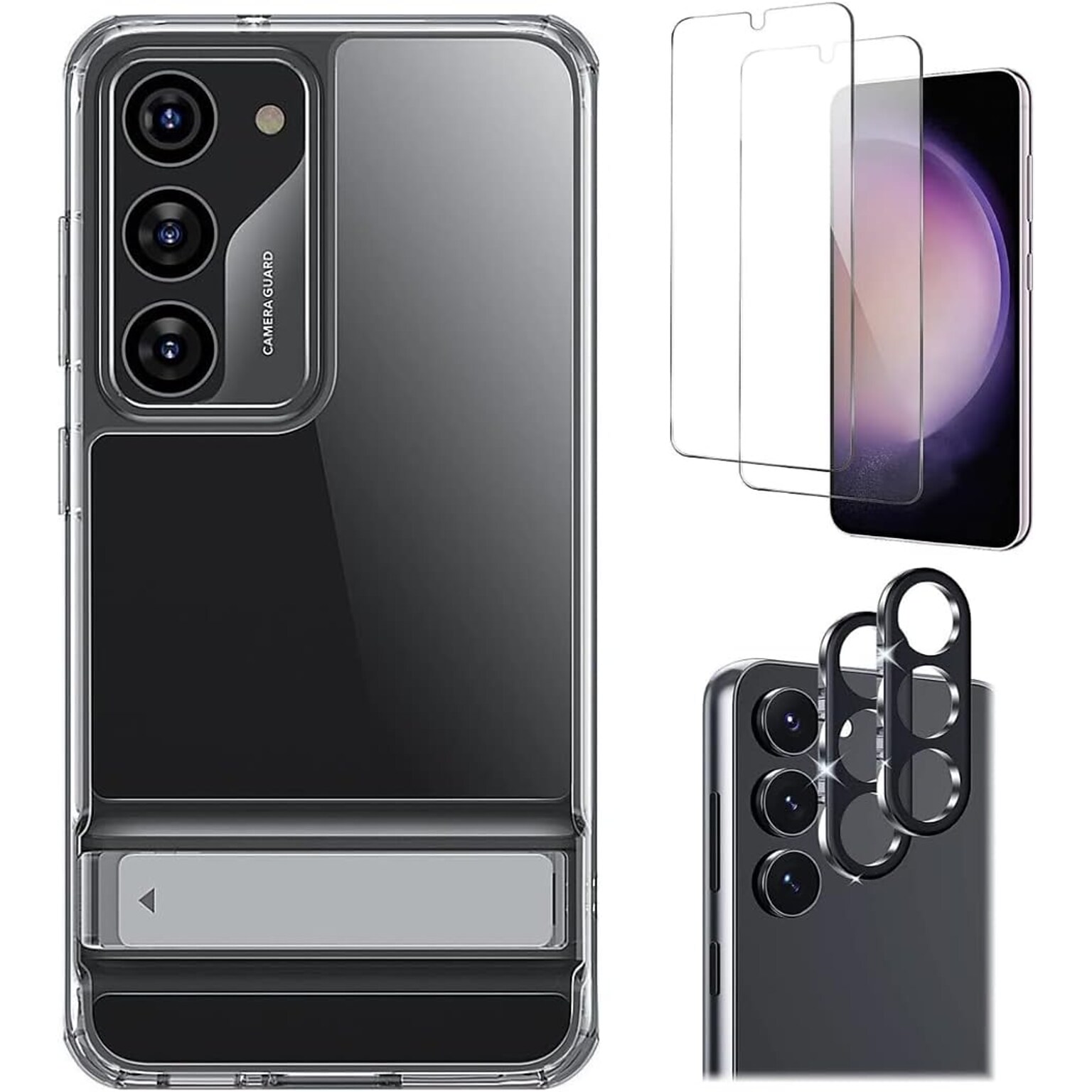 SaharaCase Samsung Galaxy S23 Bundle, AirShield Boost Kickstand Case with Tempered Glass Screen and Camera Protector, Clear