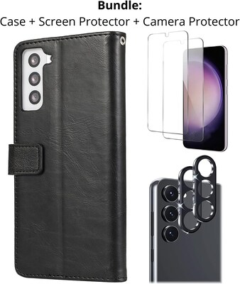 SaharaCase Samsung Galaxy S23 Protection Bundle, Folio Wallet Case with Tempered Glass Screen and Camera Protector, Black