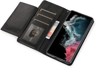 SaharaCase Samsung Galaxy S23 Protection Bundle, Folio Wallet Case with Tempered Glass Screen and Camera Protector, Black