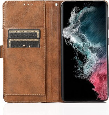 SaharaCase Samsung Galaxy S23 Protection Bundle, Folio Wallet Case with Tempered Glass Screen and Camera Protector, Brown
