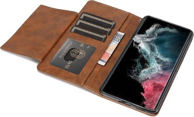 SaharaCase Samsung Galaxy S23 Protection Bundle, Folio Wallet Case with Tempered Glass Screen and Camera Protector, Brown