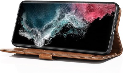 SaharaCase Samsung Galaxy S23 Protection Bundle, Folio Wallet Case with Tempered Glass Screen and Camera Protector, Brown