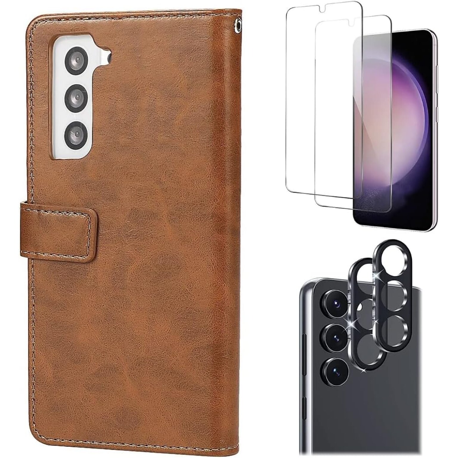 SaharaCase Samsung Galaxy S23 Protection Bundle, Folio Wallet Case with Tempered Glass Screen and Camera Protector, Brown