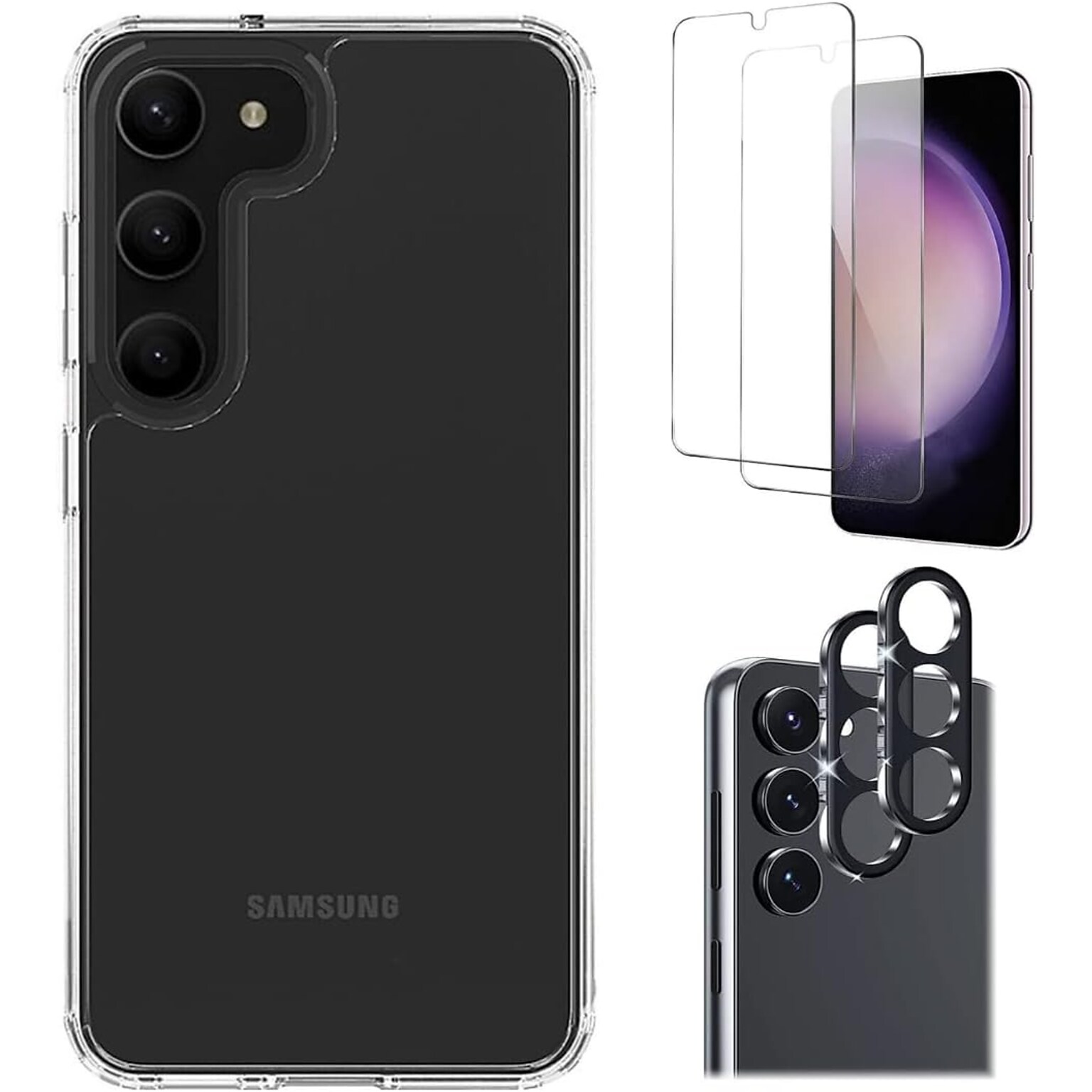 SaharaCase Samsung Galaxy S23+ Bundle, Hybrid-Flex Hard Shell Case with Tempered Glass Screen and Camera Protector, Clear