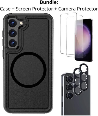SaharaCase Samsung Galaxy S23+ Bundle, Armor Series Hard Shell Case with Tempered Glass Screen and Camera Protector, Black