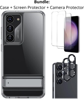 SaharaCase Samsung Galaxy S23+ Bundle, AirShield Kickstand Case with Tempered Glass Screen and Camera Protector, Clear