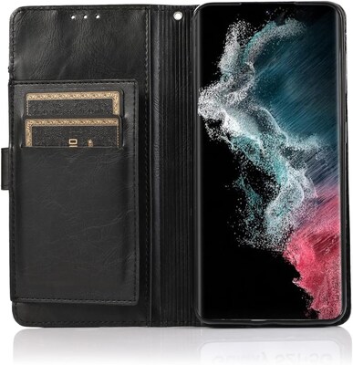 SaharaCase Samsung Galaxy S23+ Protection Bundle, Folio Wallet Case with Tempered Glass Screen and Camera Protector, Black