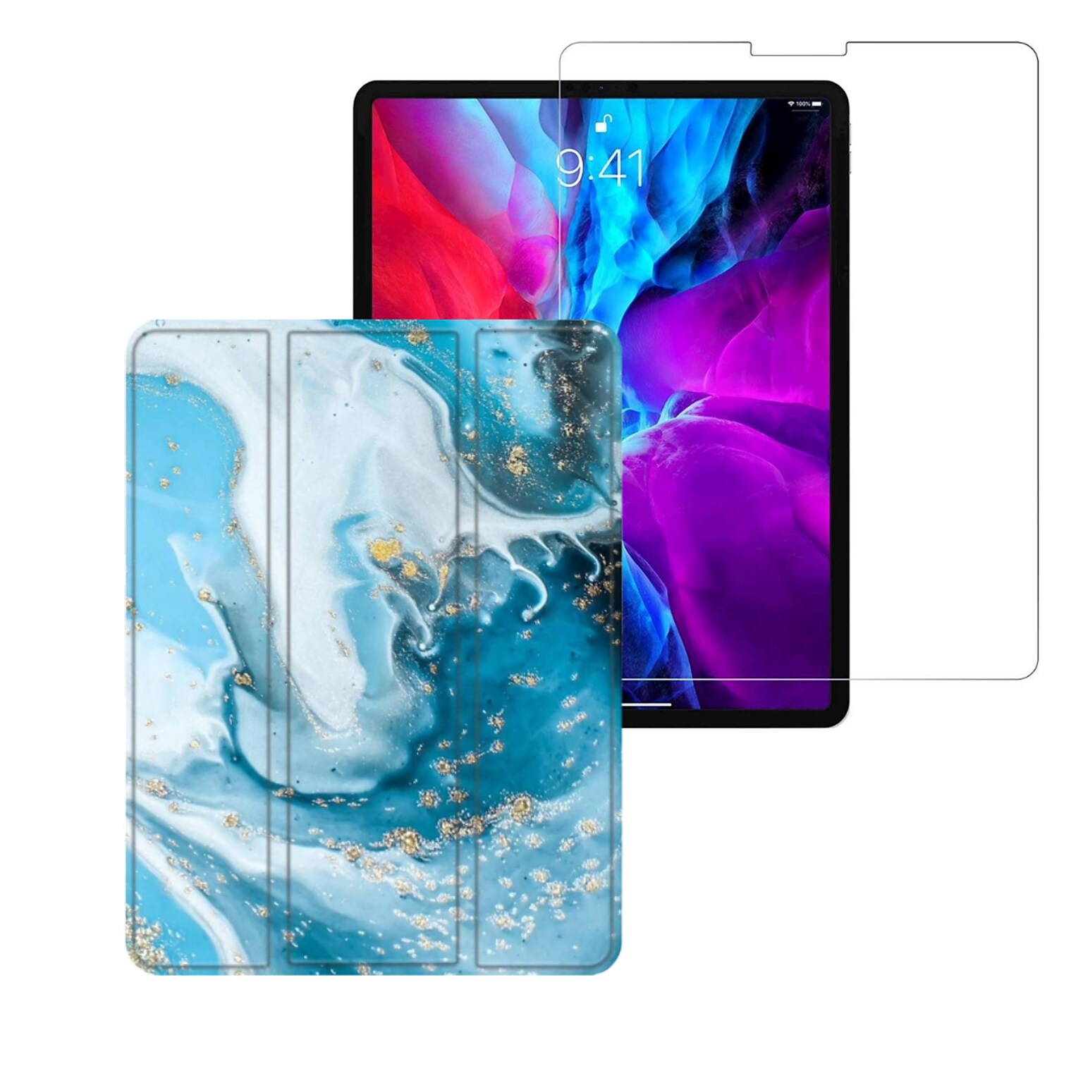 SaharaCase Apple iPad Pro 11 (3rd Gen 2021 & 4th Gen 2022) Protection Bundle, Folio Case, Tempered Glass Screen, Blue Marble