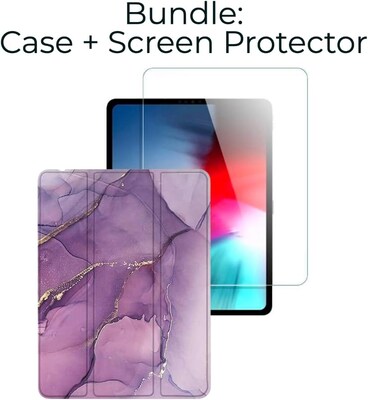 SaharaCase Apple iPad Pro 12.9 (4th,5th, & 6th Gen 2020-2022) Bundle, Marble Folio Case with Tempered Glass Screen, Purple