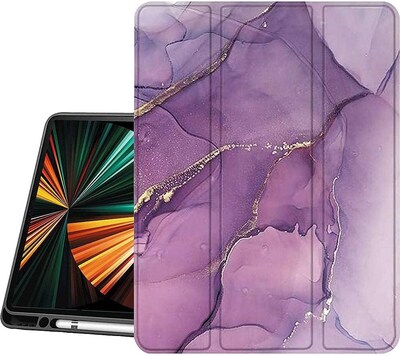 SaharaCase Apple iPad Pro 12.9" (4th,5th, & 6th Gen 2020-2022) Bundle, Marble Folio Case with Tempered Glass Screen, Purple