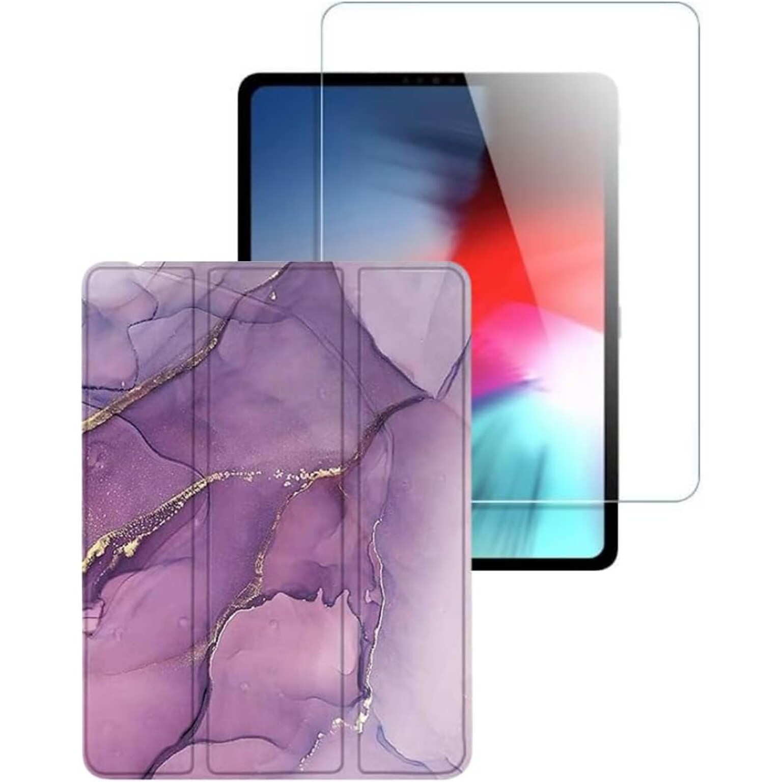 SaharaCase Apple iPad Pro 12.9 (4th,5th, & 6th Gen 2020-2022) Bundle, Marble Folio Case with Tempered Glass Screen, Purple