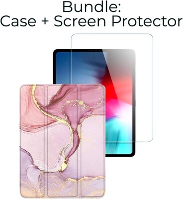 SaharaCase Apple iPad Pro 12.9 (4th,5th, and 6th Gen 2020-2022) Bundle, Marble Folio Case with Tempered Glass Screen, Rose Gold