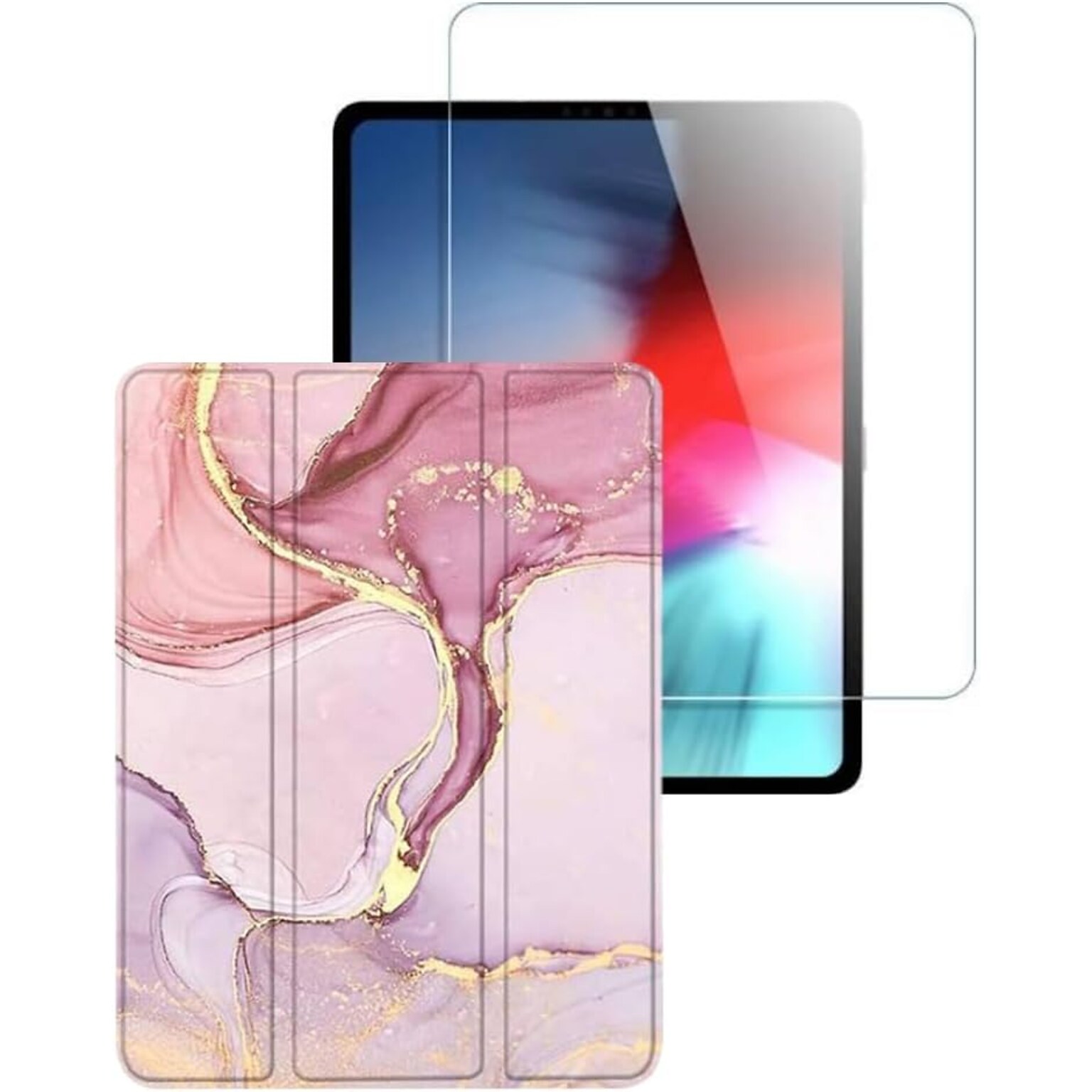 SaharaCase Apple iPad Pro 12.9 (4th,5th, and 6th Gen 2020-2022) Bundle, Marble Folio Case with Tempered Glass Screen, Rose Gold