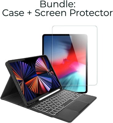 SaharaCase Apple iPad Pro 12.9 (4th,5th, and 6th Gen 2020-2022) Bundle, Keyboard Folio Case with Tempered Glass Screen, Black