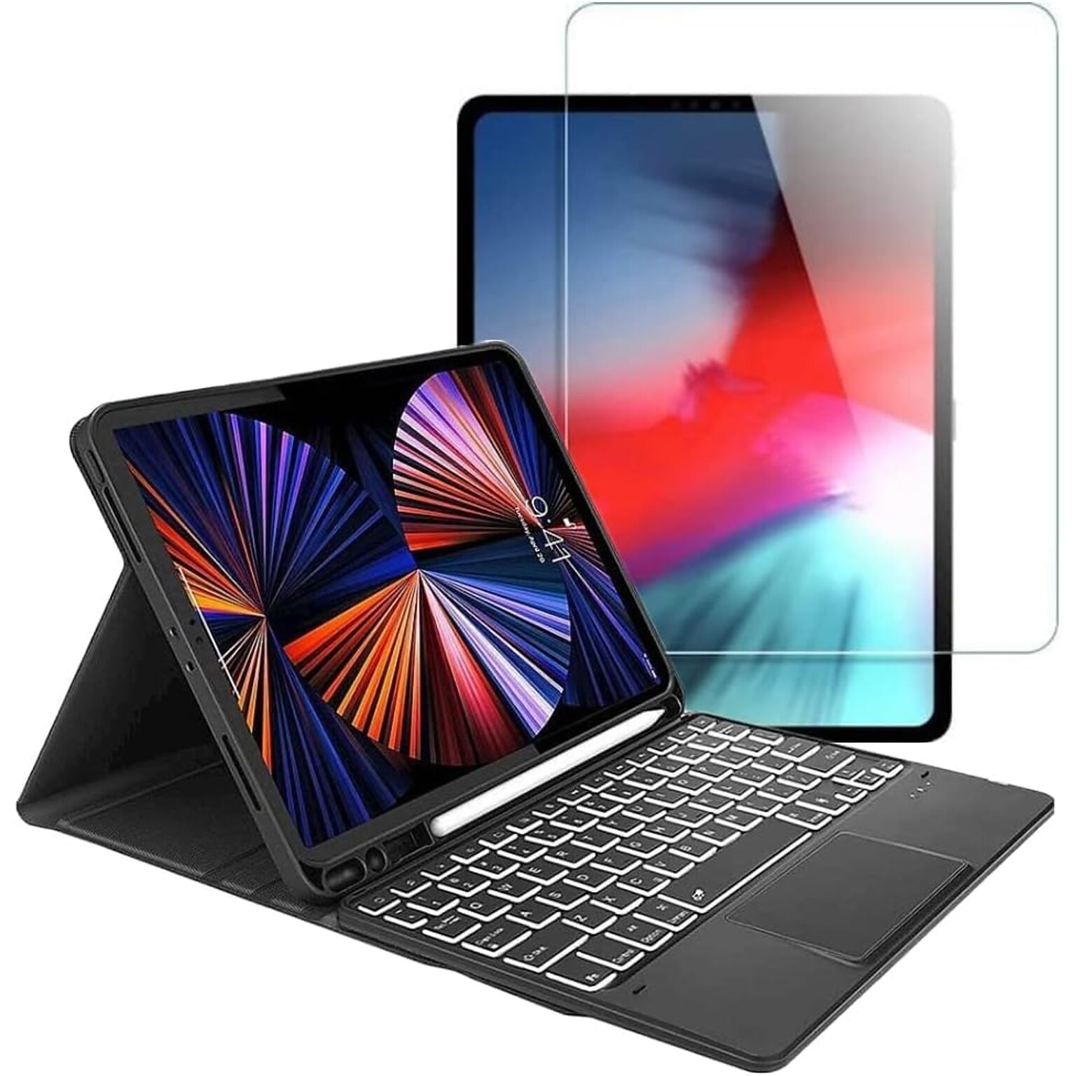 SaharaCase Apple iPad Pro 12.9 (4th,5th, and 6th Gen 2020-2022) Bundle, Keyboard Folio Case with Tempered Glass Screen, Black